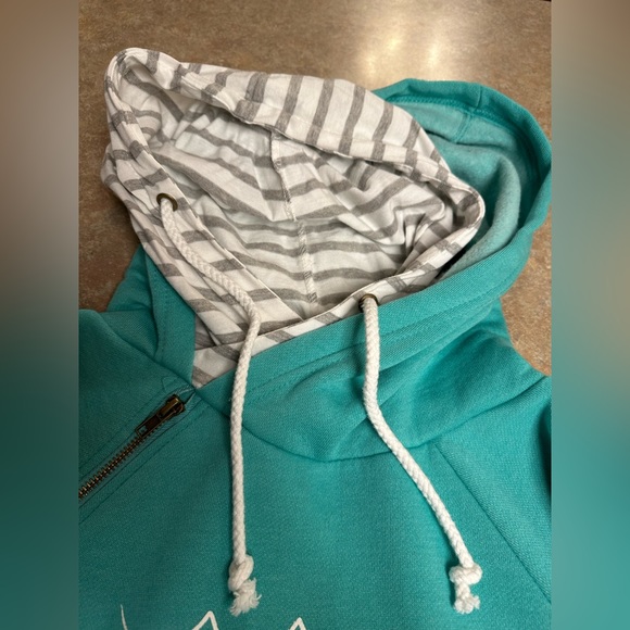 SOLD - Cozy Turquoise and Striped Hoodie - Rainy Lake, Thunderbird Lodge - Picture 4 of 9